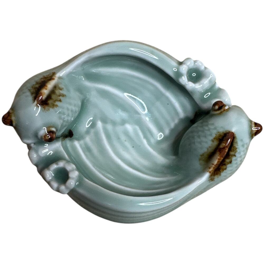 Vintage Turquoise Double Koi Fish Ceramic Catchall Trinket Dish MCM Decor